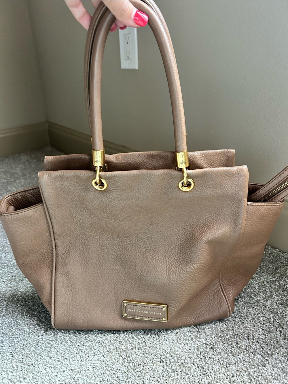 Marc Jacobs Taupe Brown Leather Crossbody Tote with Gold Hardware